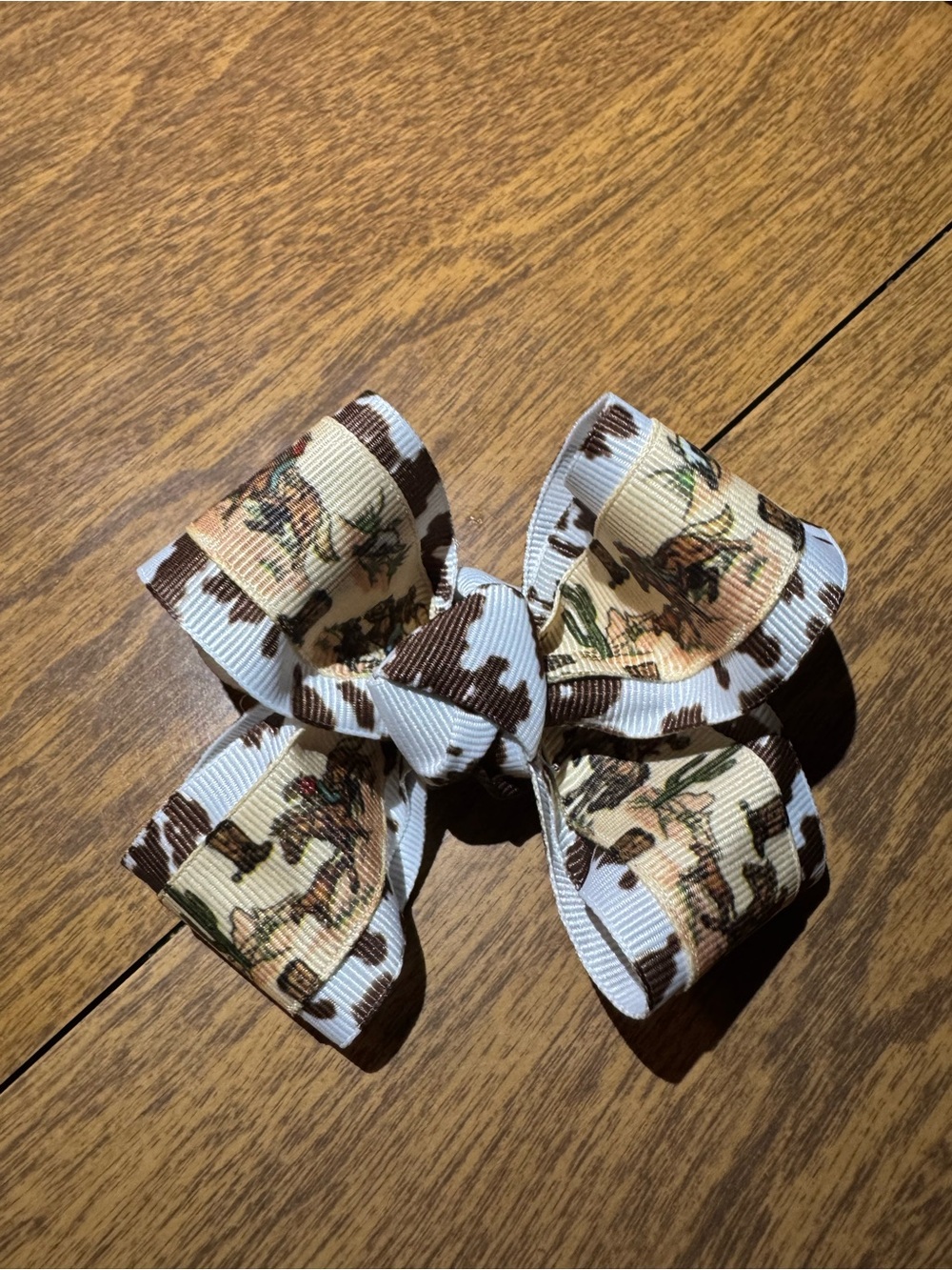 Girls Cowprint Floral Ribbon Hair Bow in Brown & White